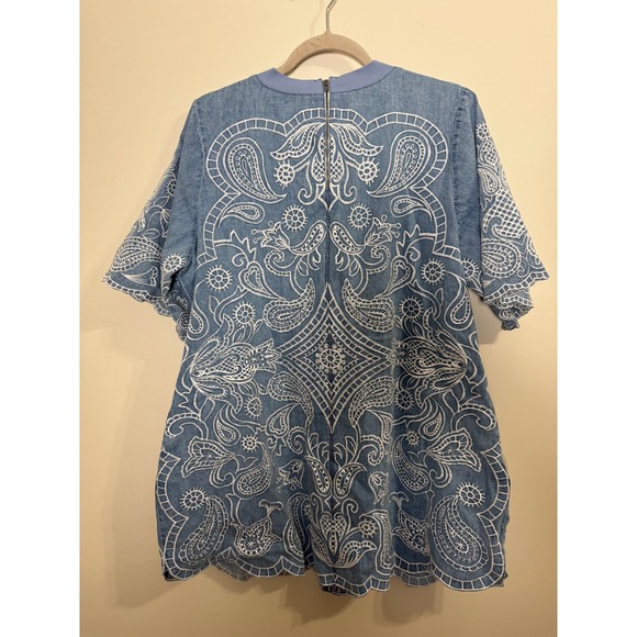 Free People Embroidered Denim Mini Dress Blue Paisley Scalloped Hem NWT - Picture 6 of 6